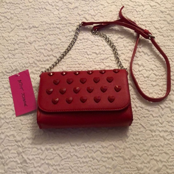 Betsey Johnson Crimson Faux Leather Crossbody Studded Hearts & Chain Accents NWT - Picture 15 of 16